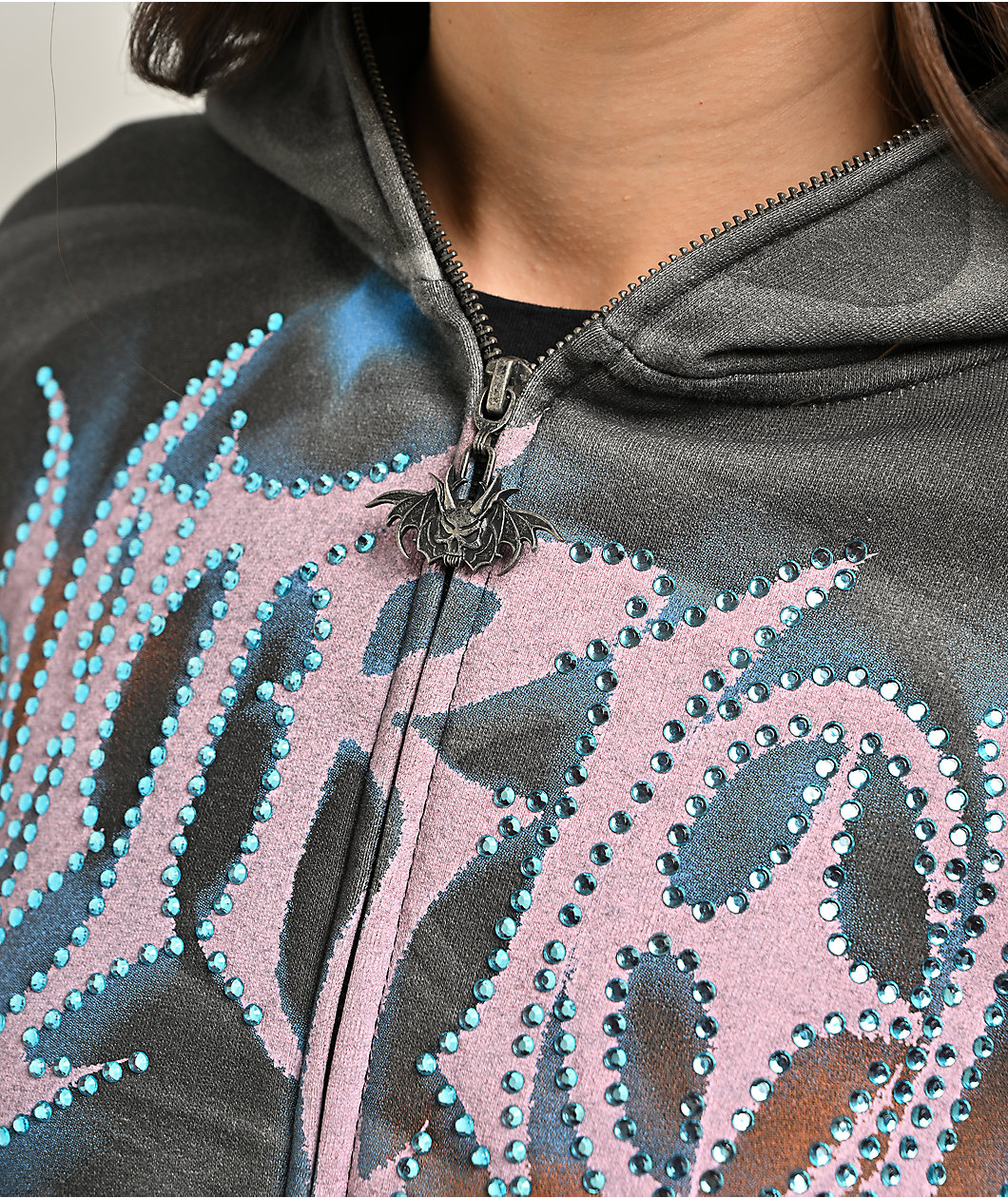 Vitriol Lenexa Smoke Print Rhinestone Grey Body Bag Hoodie