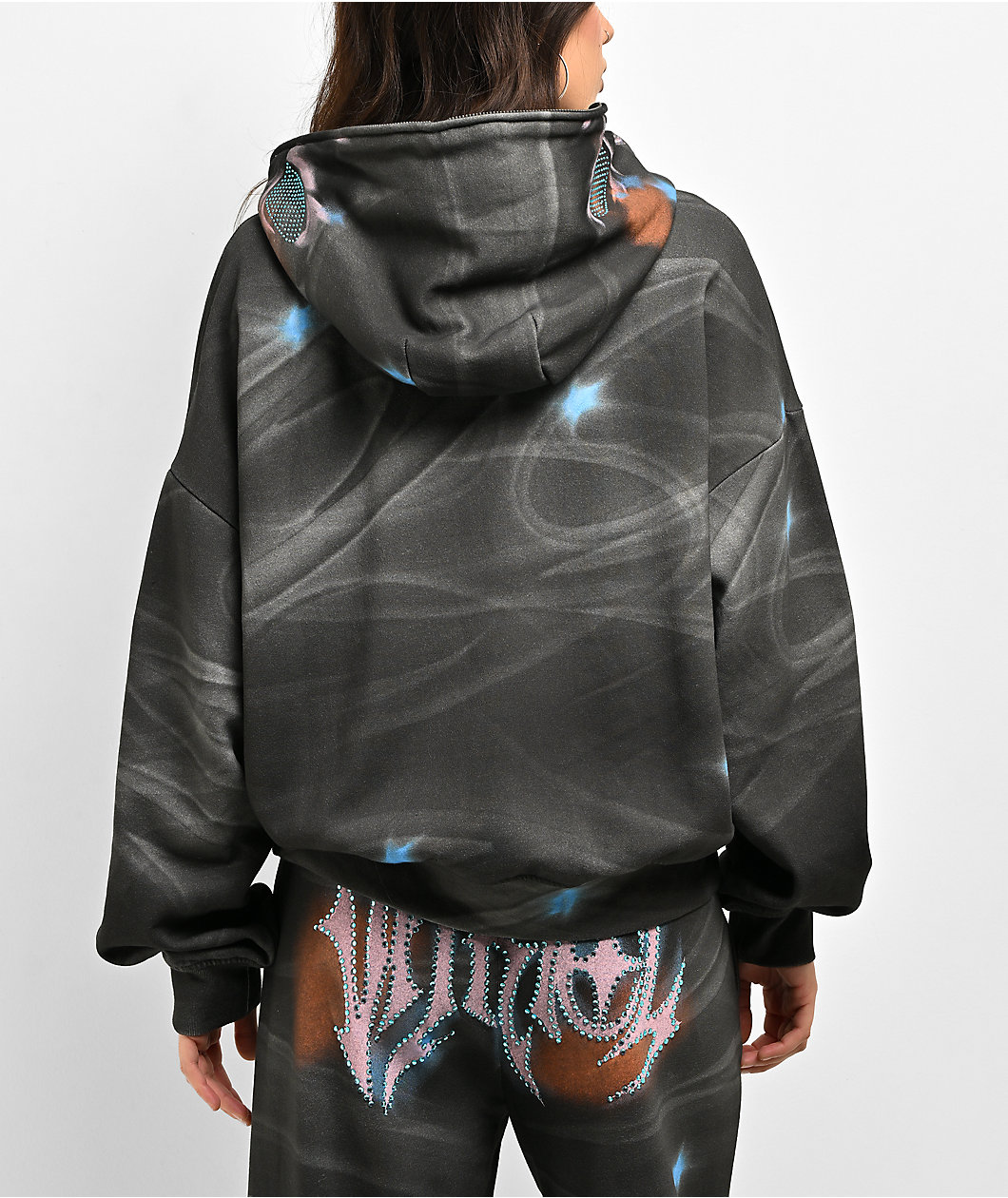 Vitriol Lenexa Smoke Print Rhinestone Grey Body Bag Hoodie