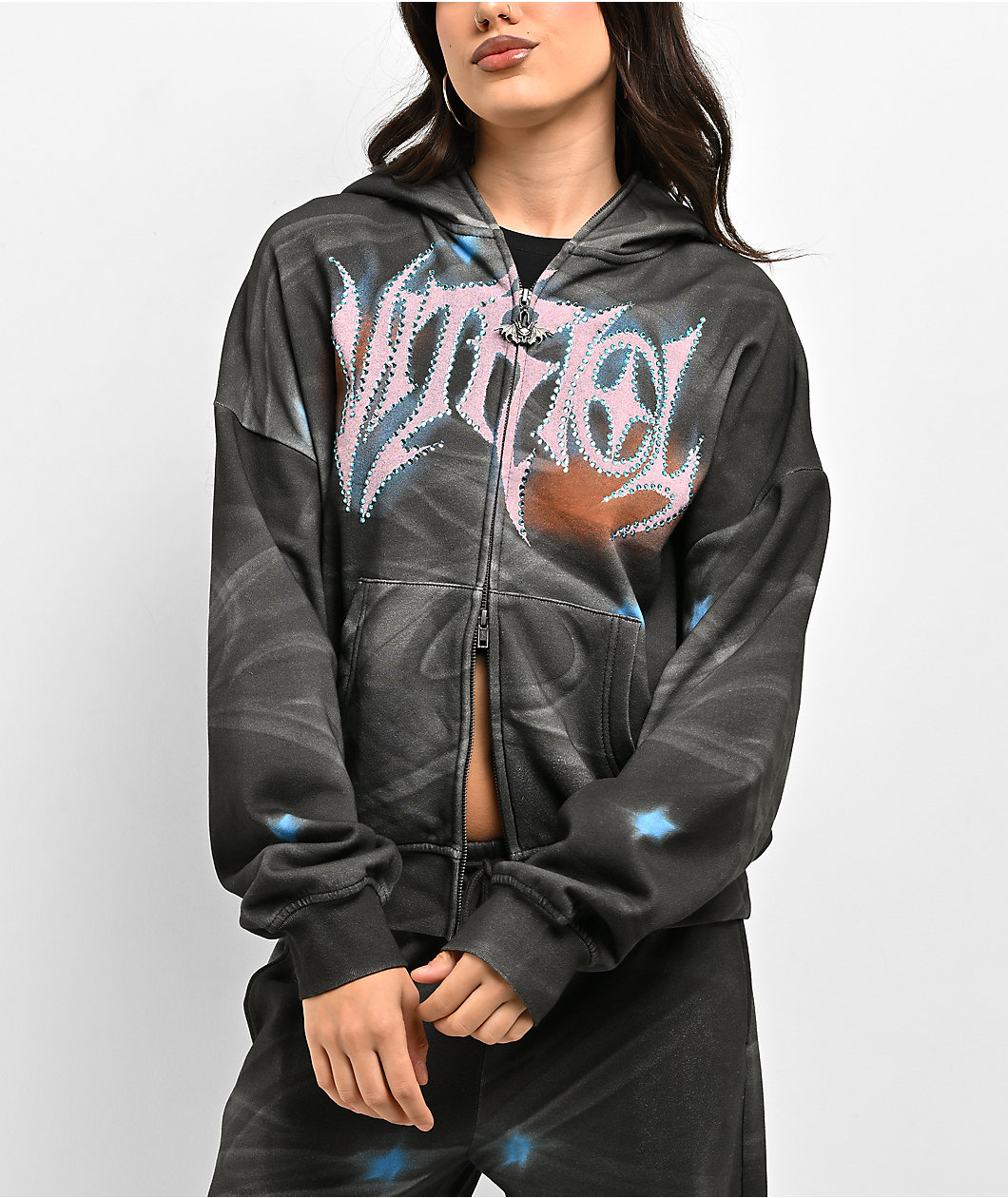 Vitriol Lenexa Smoke Print Rhinestone Grey Body Bag Hoodie