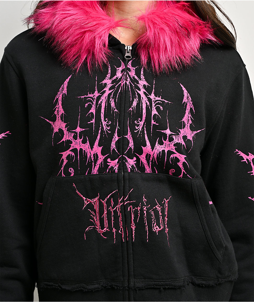 Vitriol Lilith Black Faux Fur Crop Zip Hoodie