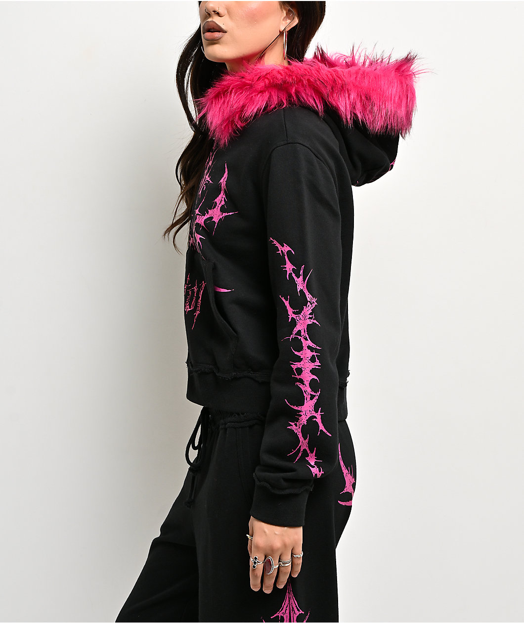 Vitriol Lilith Black Faux Fur Crop Zip Hoodie