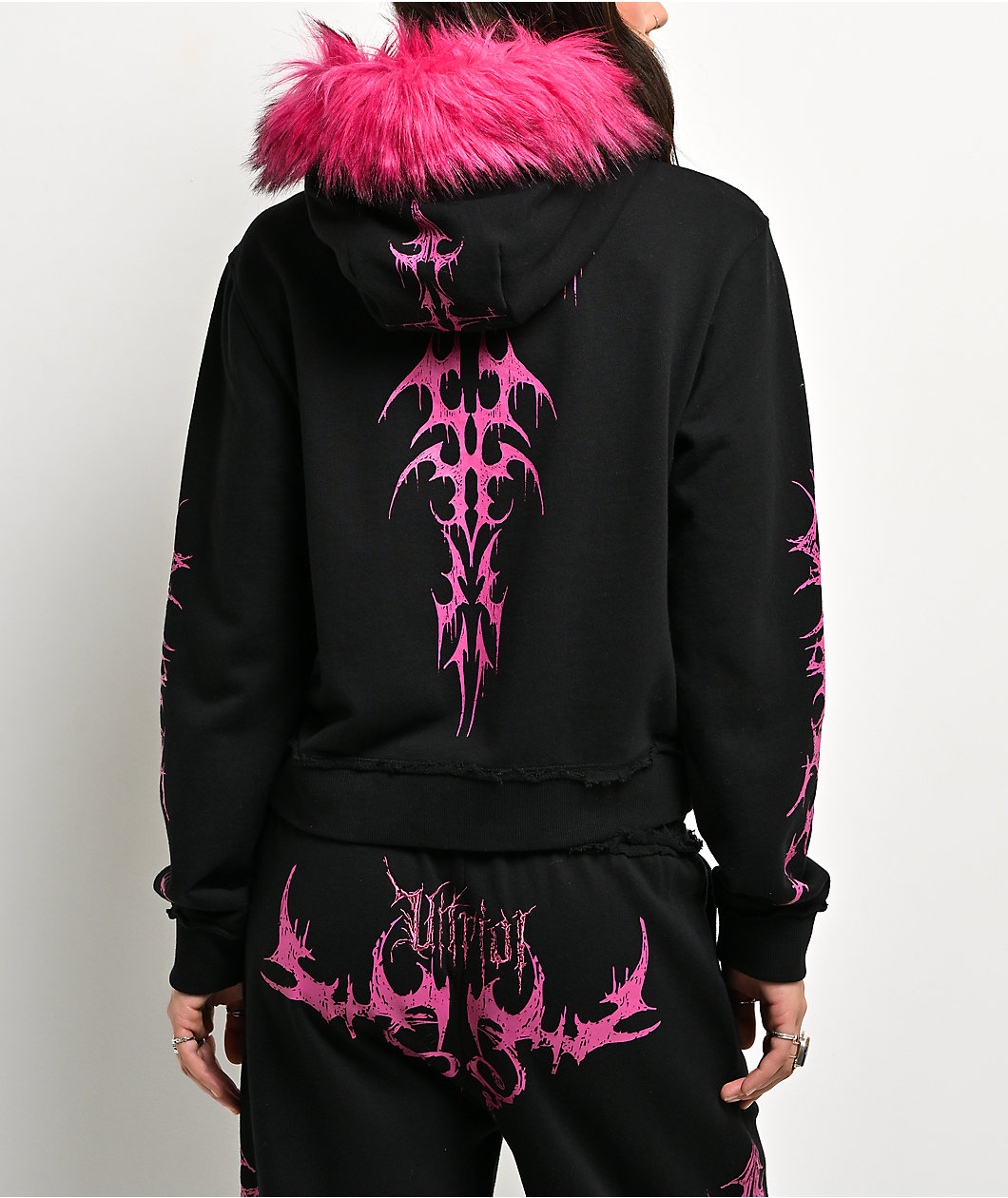 Vitriol Lilith Black Faux Fur Crop Zip Hoodie