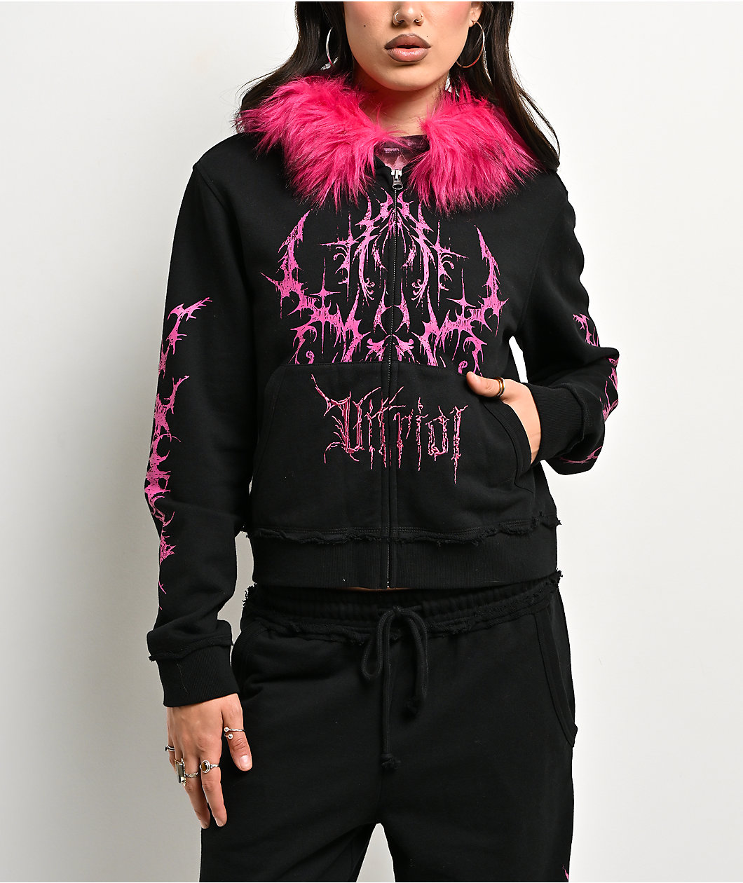 Vitriol Lilith Black Faux Fur Crop Zip Hoodie