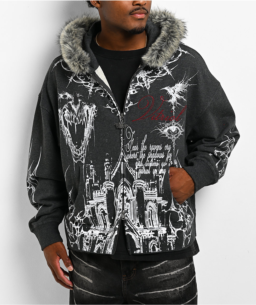 Vitriol Loose Tooth Faux Fur Charcoal Crop Zip Hoodie