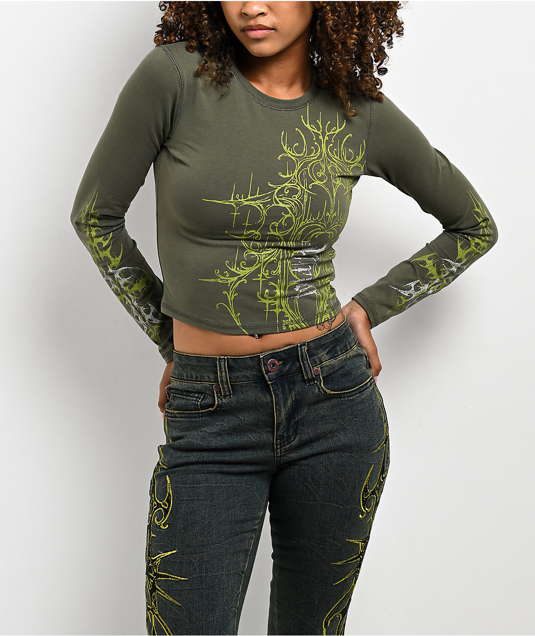 Vitriol Lottie Green Long Sleeve Crop T-Shirt