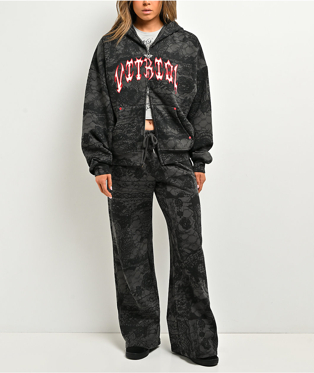 Vitriol Myla Lace Dark Grey & Black Wide Leg Sweatpants