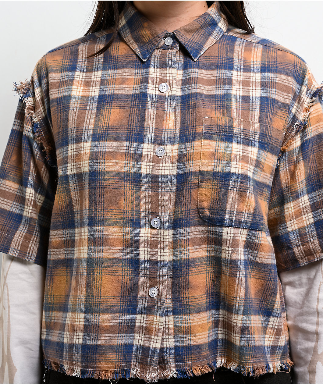 Vitriol Rattler Brown Plaid & Natural 2Fer Long Sleeve Button Up Crop T-Shirt