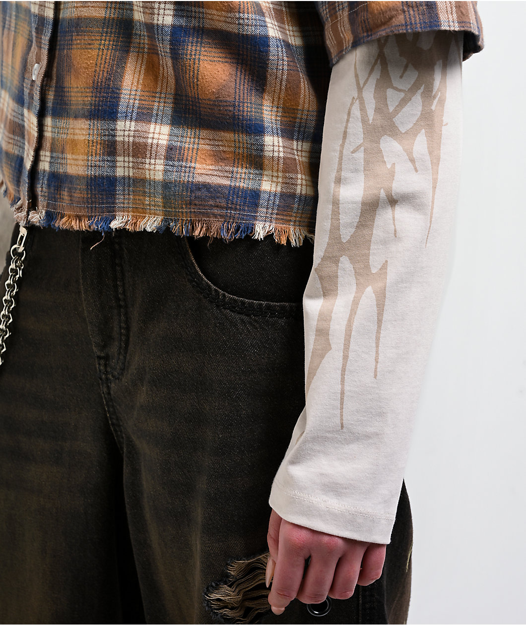 Vitriol Rattler Brown Plaid & Natural 2Fer Long Sleeve Button Up Crop T-Shirt