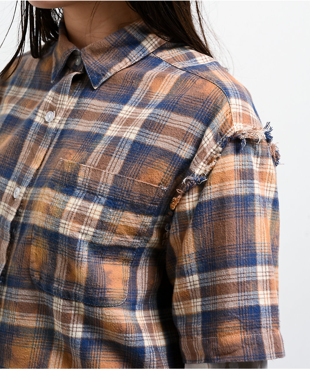 Vitriol Rattler Brown Plaid & Natural 2Fer Long Sleeve Button Up Crop T-Shirt