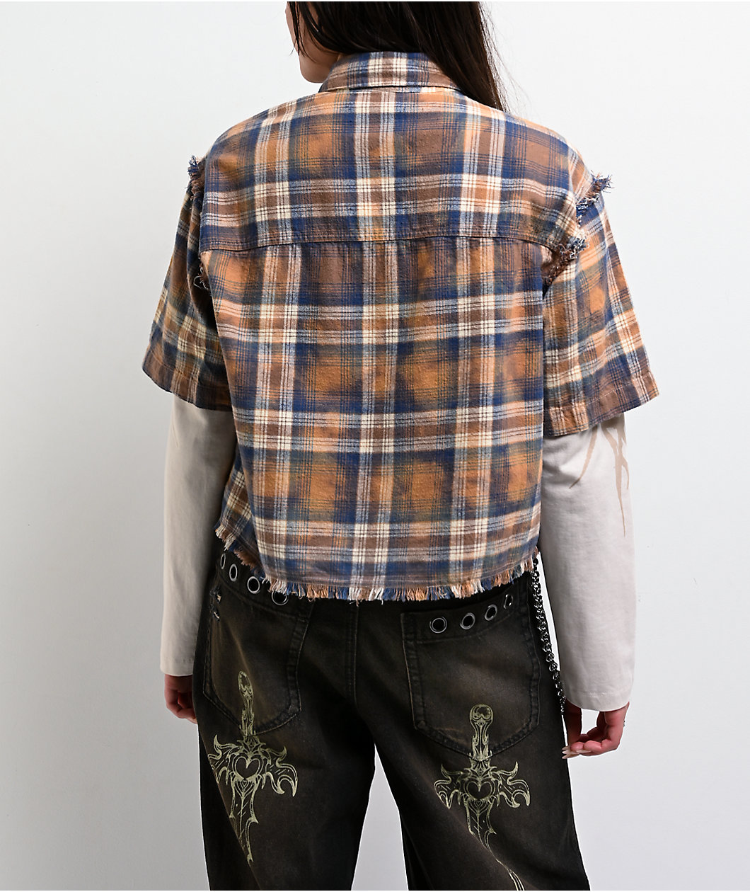 Vitriol Rattler Brown Plaid & Natural 2Fer Long Sleeve Button Up Crop T-Shirt