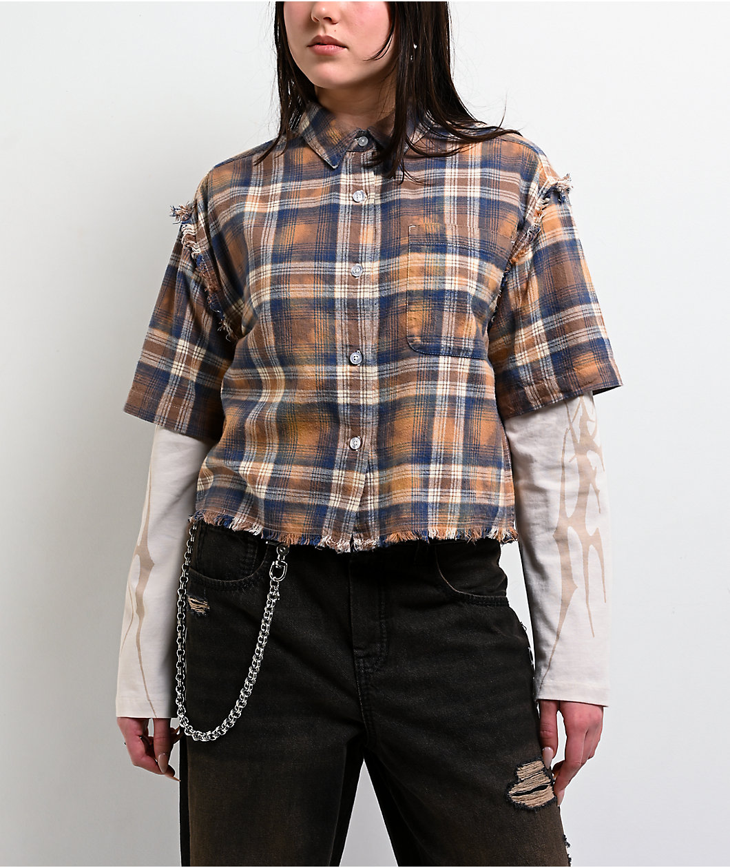 Vitriol Rattler Brown Plaid & Natural 2Fer Long Sleeve Button Up Crop T-Shirt