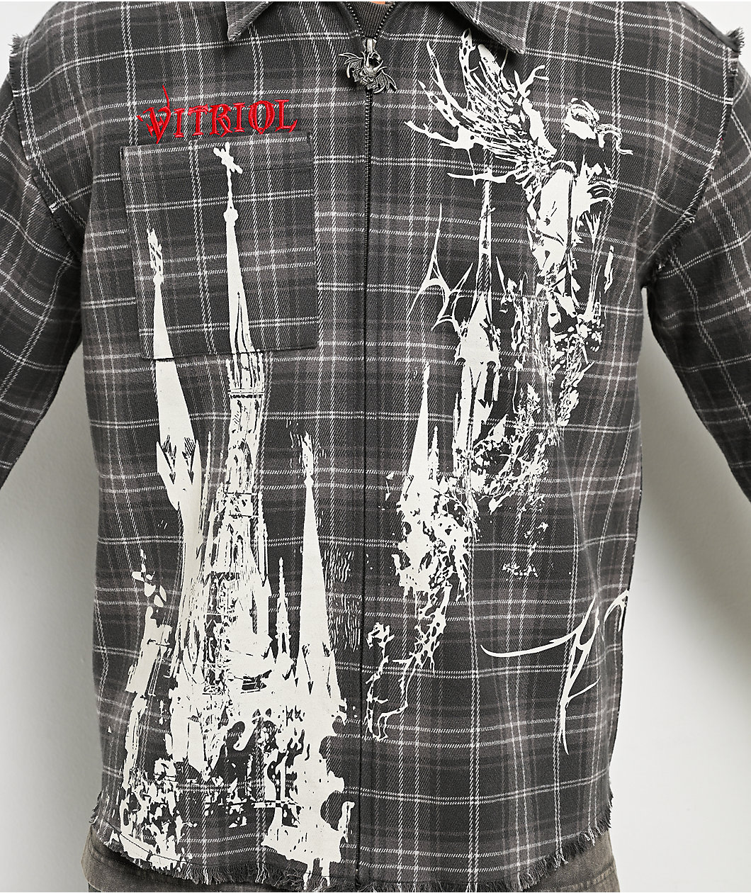 Vitriol Scorned Grey Plaid Flannel Zip Crop Shirt