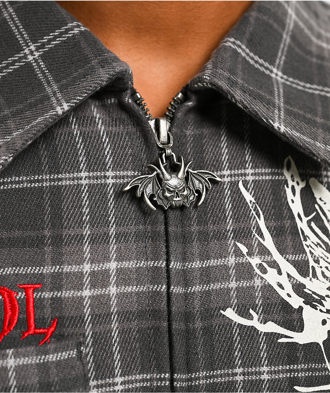 Vitriol Scorned Grey Plaid Flannel Zip Crop Shirt