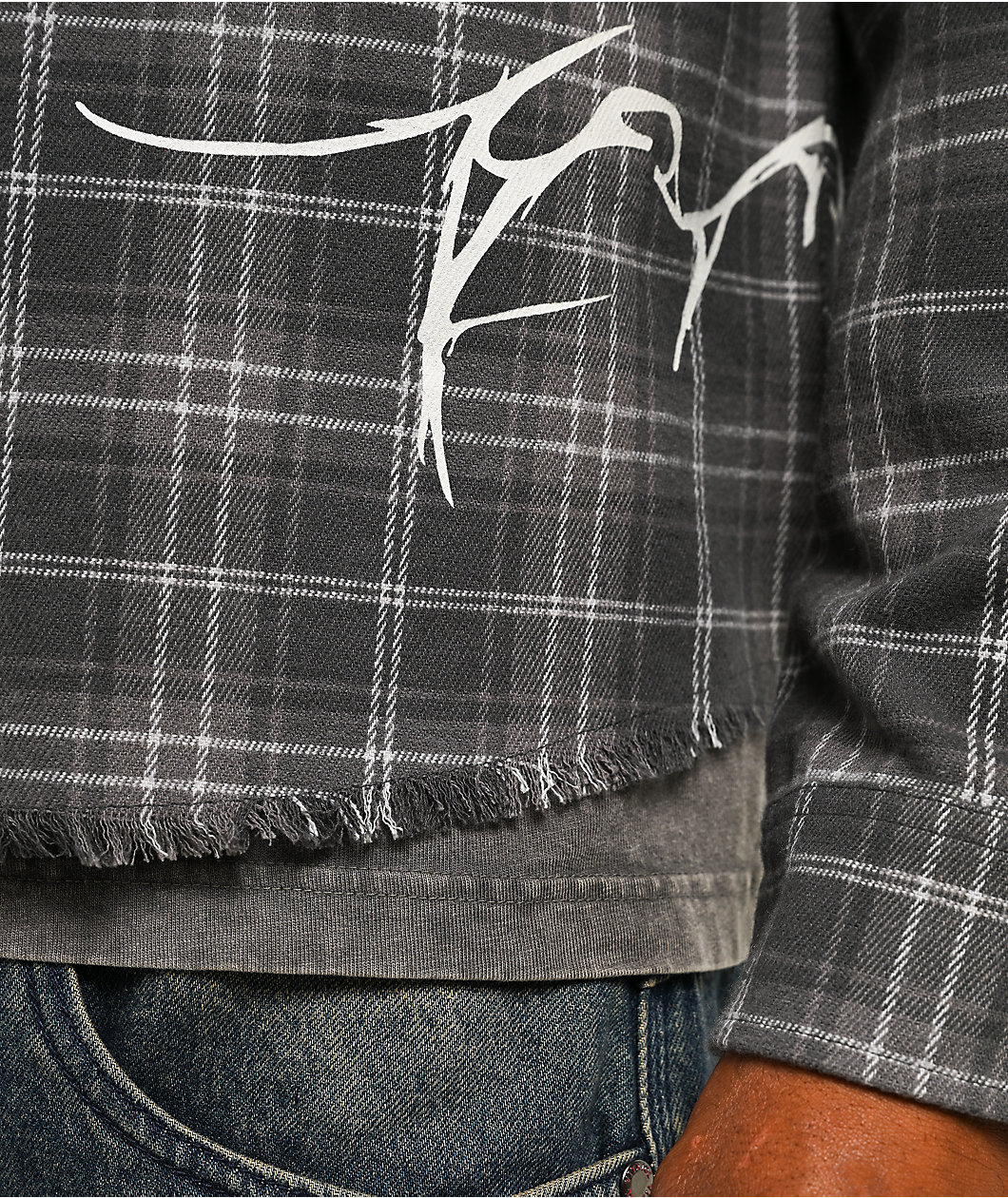 Vitriol Scorned Grey Plaid Flannel Zip Crop Shirt