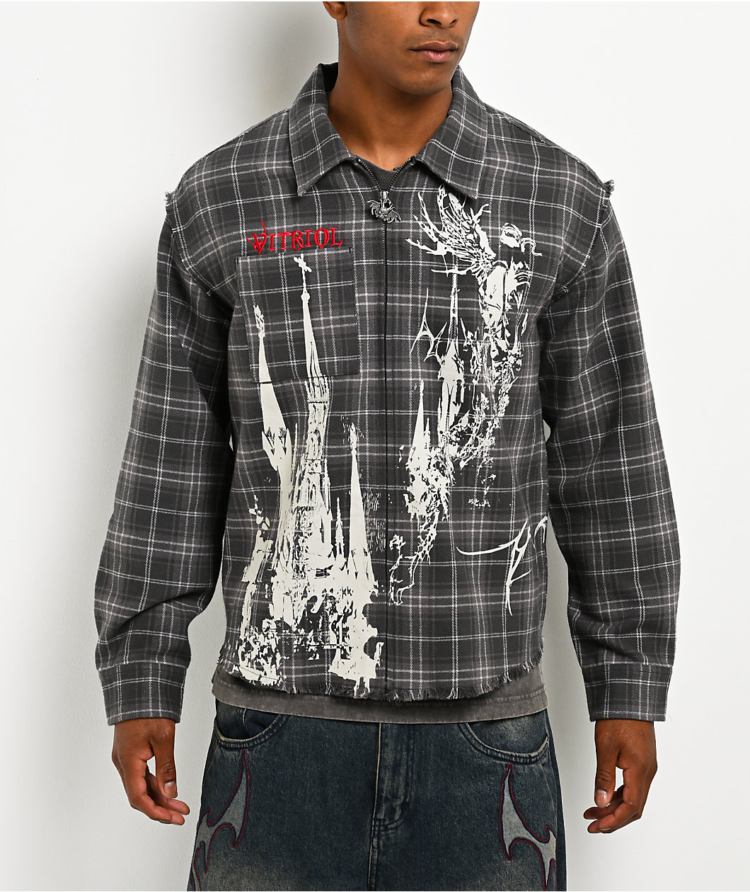 Vitriol Scorned Grey Plaid Flannel Zip Crop Shirt