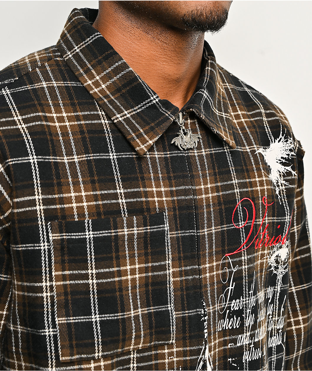 Vitriol Scorned Long Sleeve Black & Brown Flannel Crop Zip Shirt