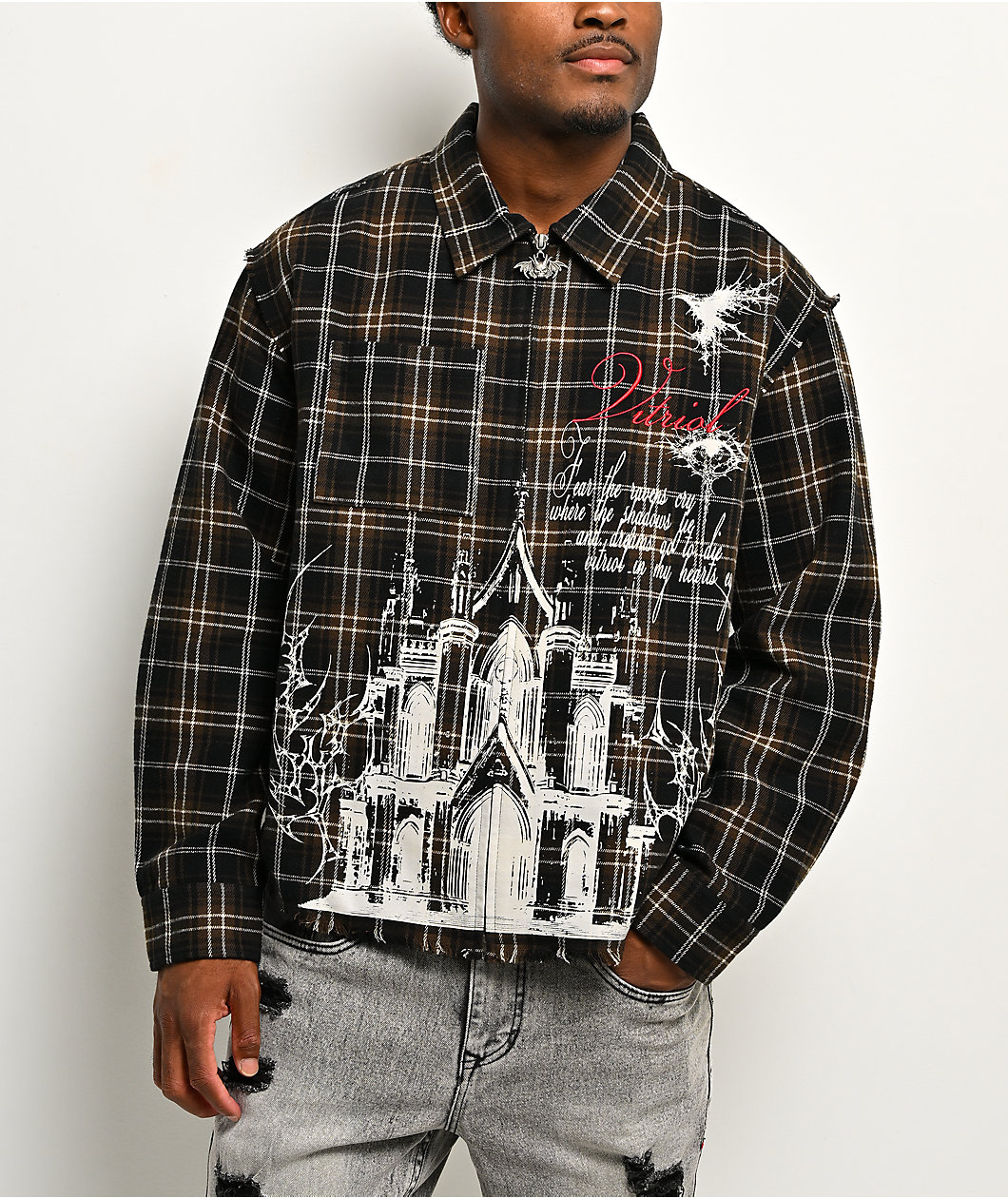 Vitriol Scorned Long Sleeve Black & Brown Flannel Crop Zip Shirt