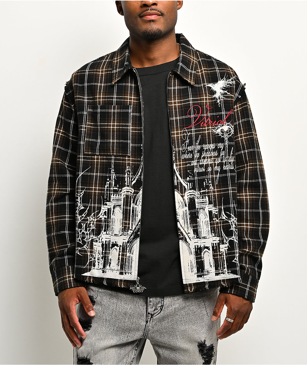 Vitriol Scorned Long Sleeve Black & Brown Flannel Crop Zip Shirt