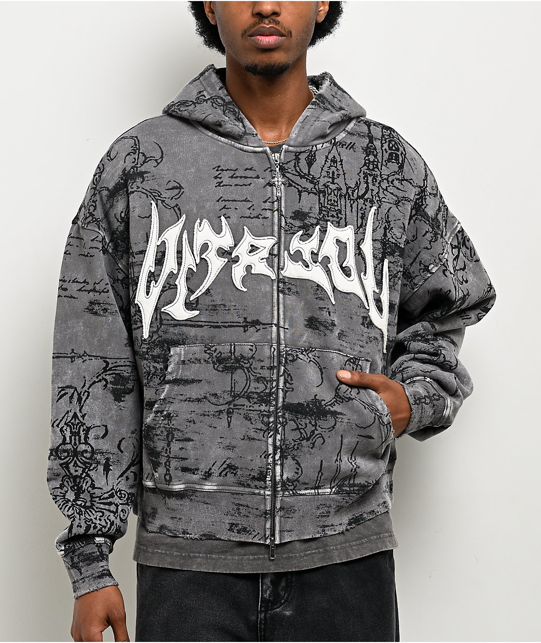 Vitriol Scrolls Grey Wash Crop Zip Hoodie