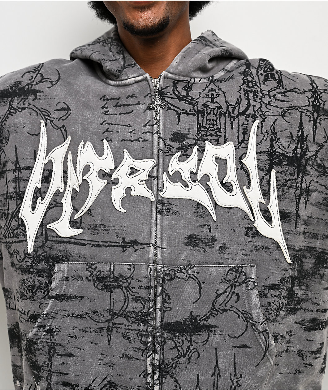 Vitriol Scrolls Grey Wash Crop Zip Hoodie