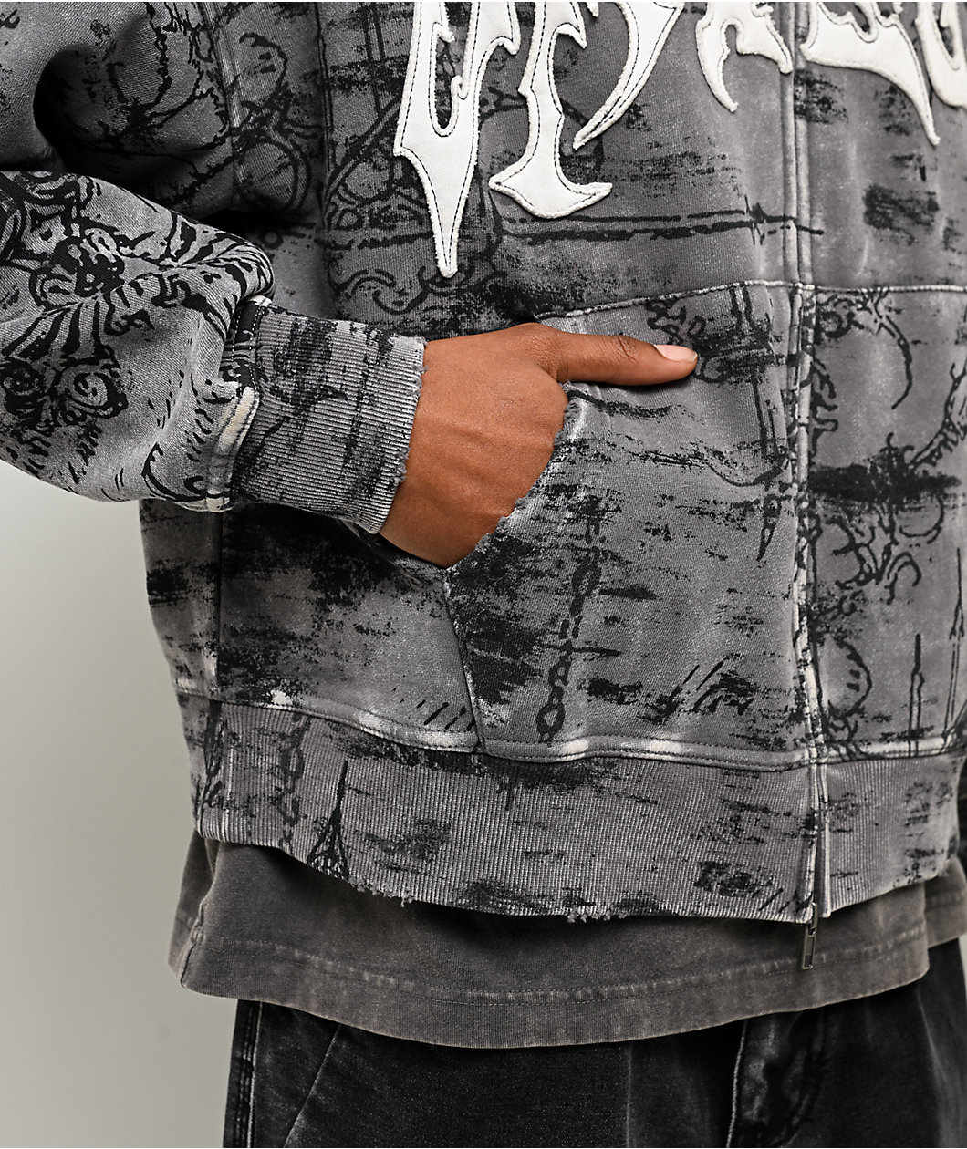 Vitriol Scrolls Grey Wash Crop Zip Hoodie