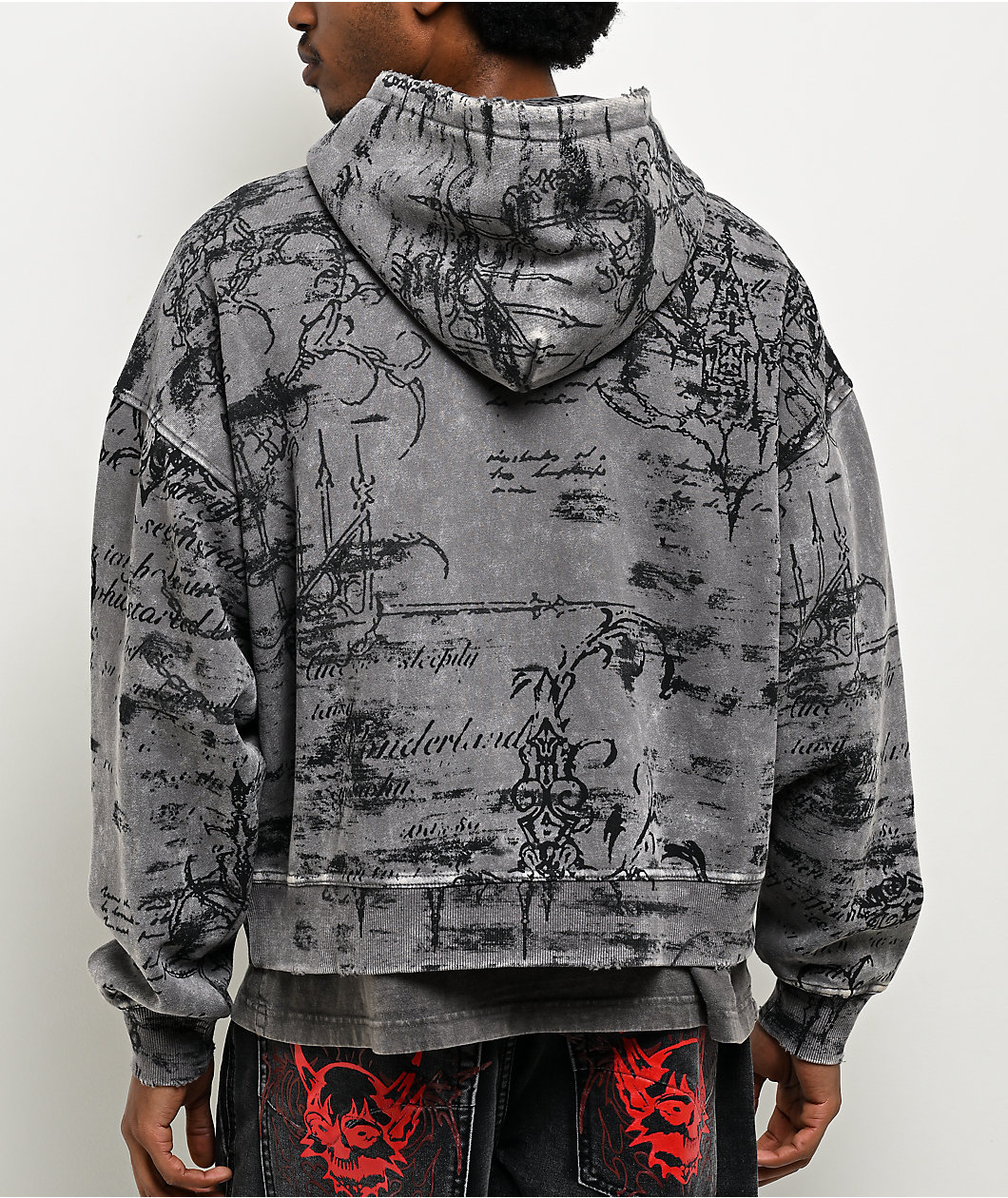 Vitriol Scrolls Grey Wash Crop Zip Hoodie