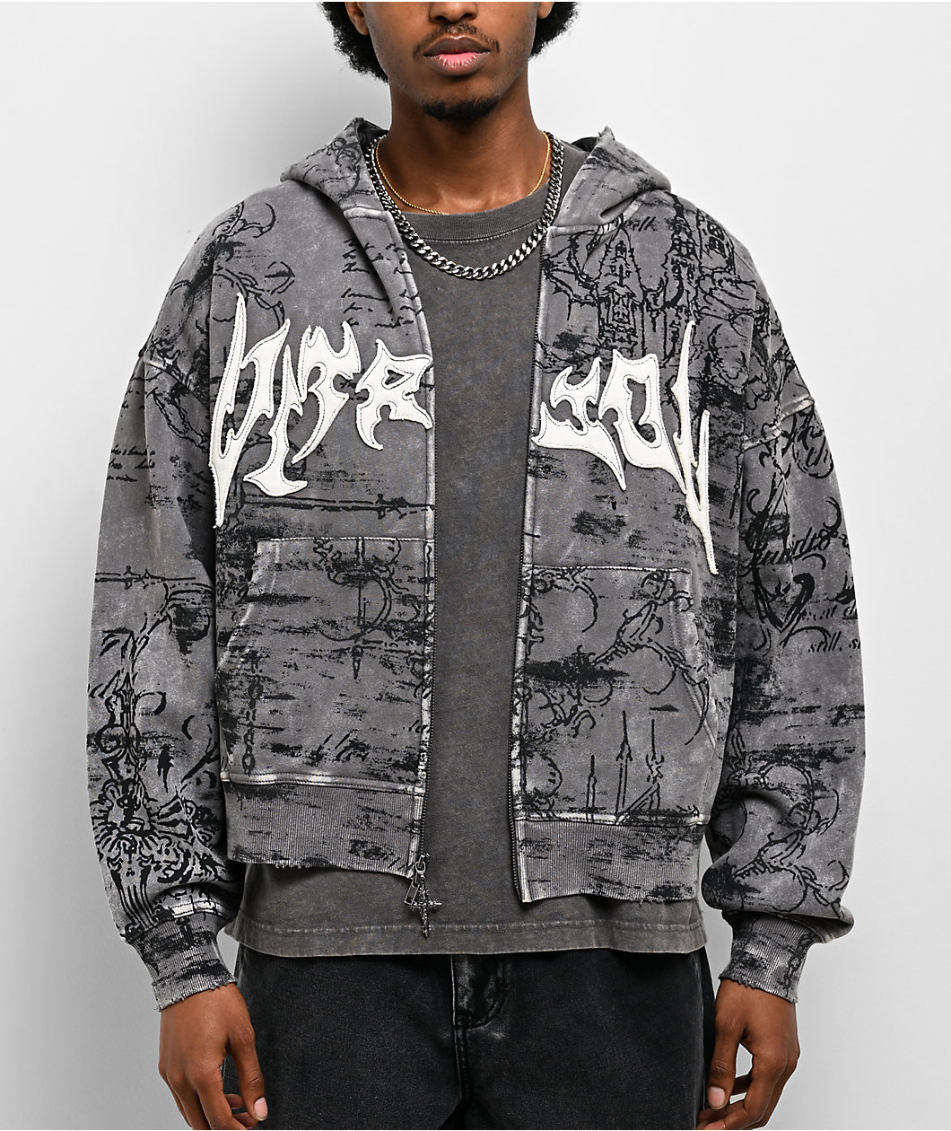 Vitriol Scrolls Grey Wash Crop Zip Hoodie