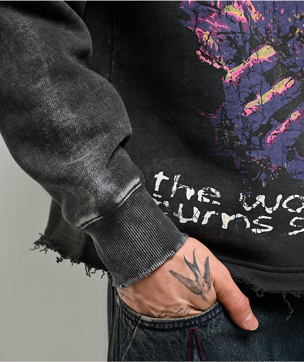 Vitriol Slow Burn Charcoal Wash Distressed Crop Hoodie