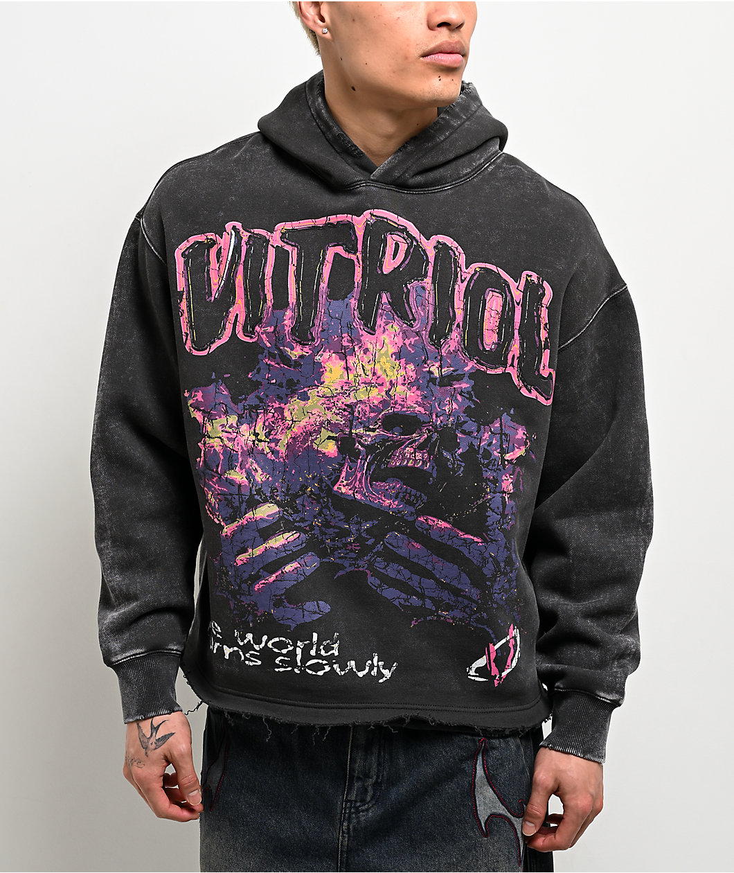 Vitriol Slow Burn Charcoal Wash Distressed Crop Hoodie