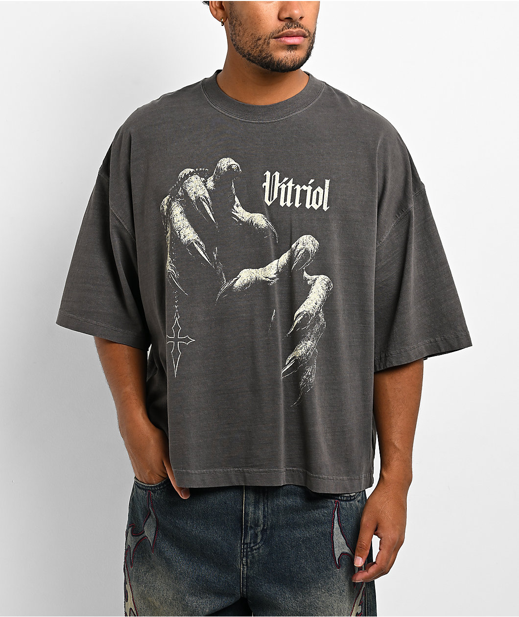 Vitriol Stake To The Heart Grey Wash Boxy Crop T-Shirt