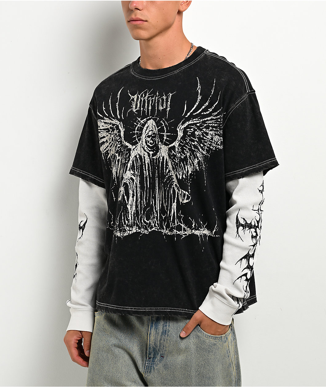 Vitriol Summoned Black Wash & White 2fer Long Sleeve T-Shirt