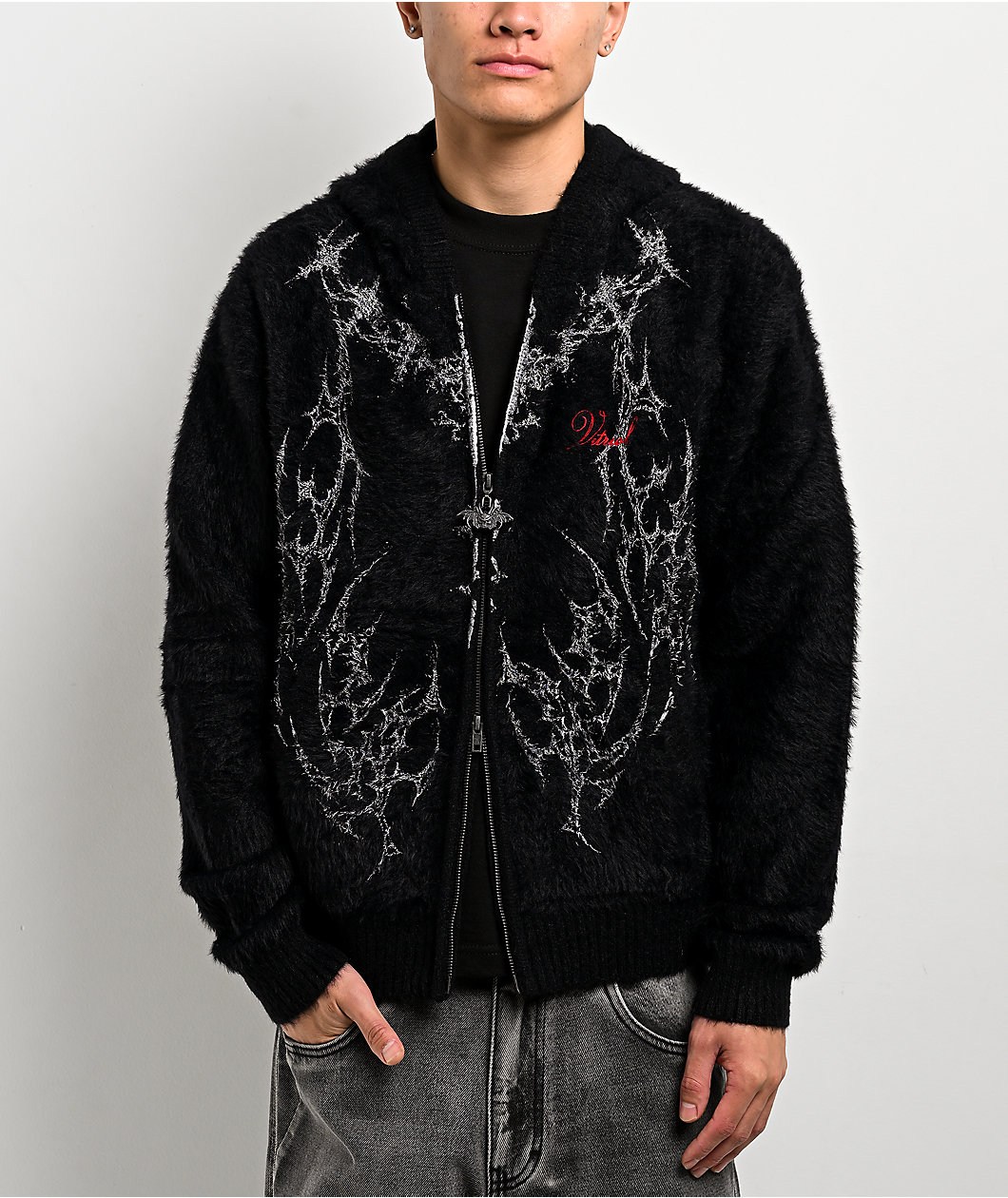 Vitriol Talisman Faux Fur Black Hooded Zip Sweater