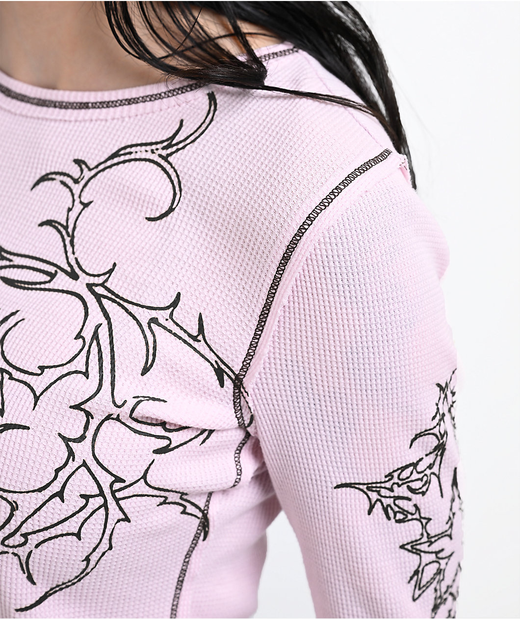 Vitriol Theo Heart Pink Thermal Long Sleeve Crop T-Shirt