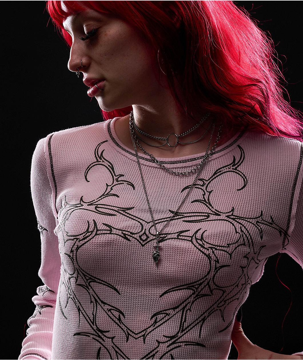 Vitriol Theo Heart Pink Thermal Long Sleeve Crop T-Shirt