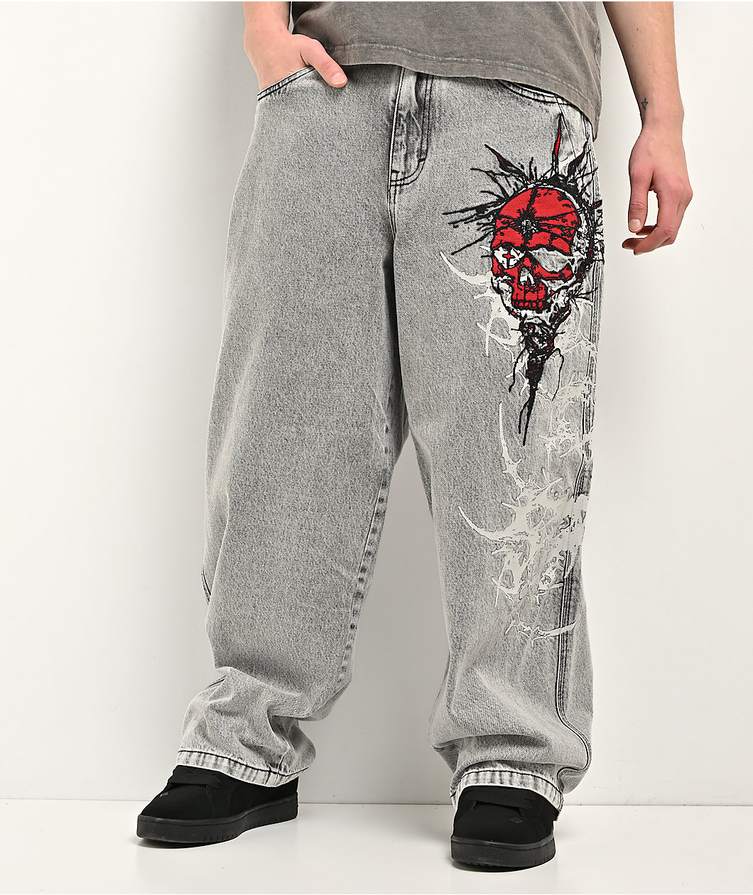 Vitriol Void Cyber Skull Grey Wide Leg Jeans