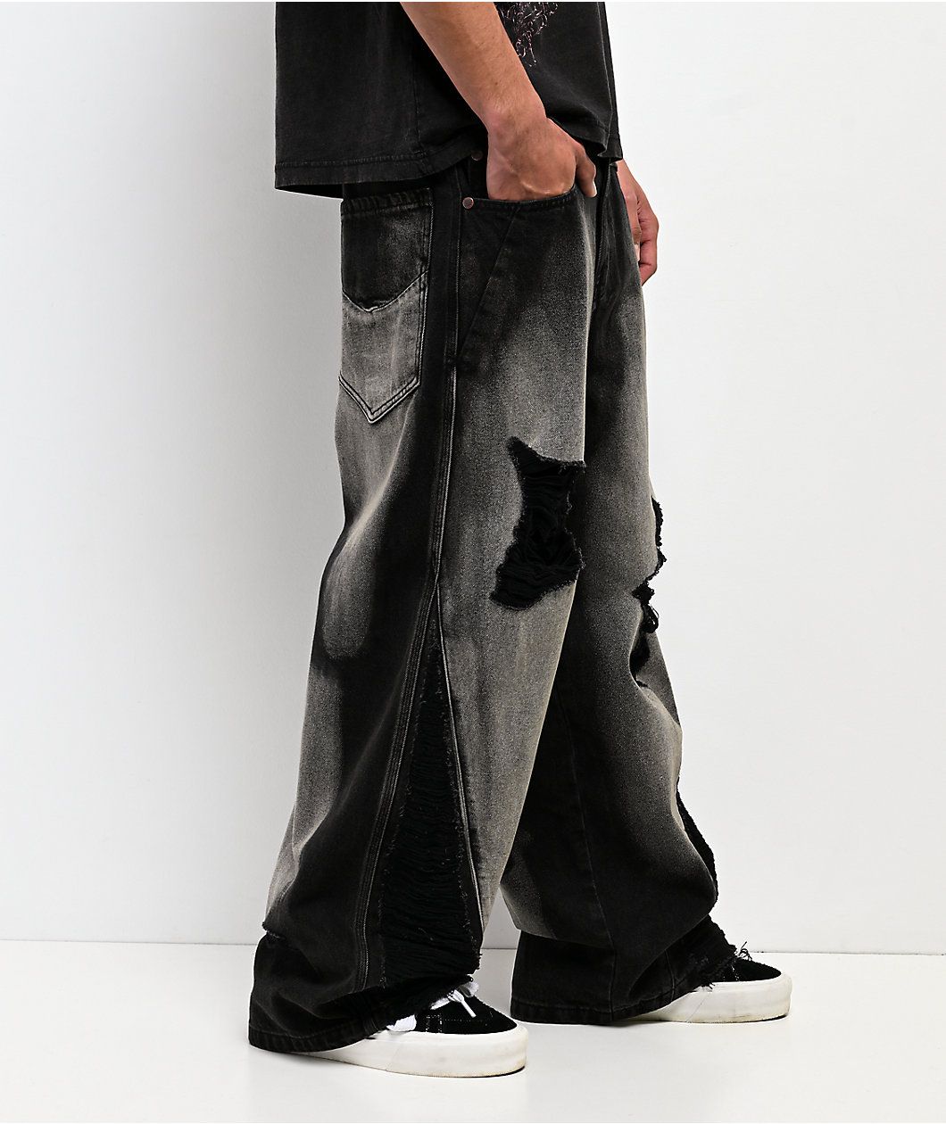 Vitriol Void Depth Distressed Black Wash Wide Leg Jeans