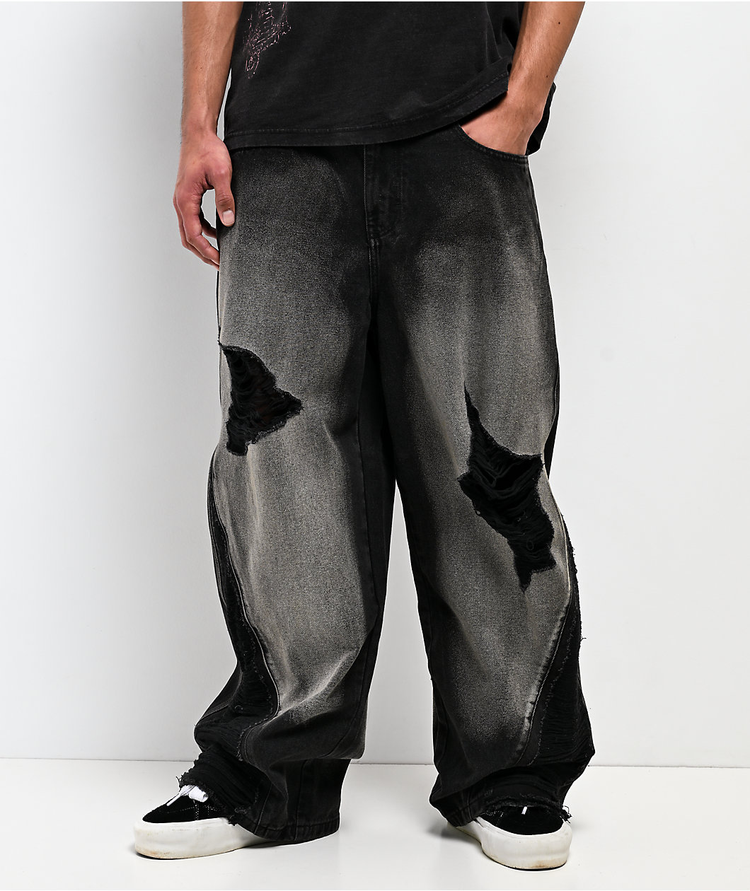 Vitriol Void Depth Distressed Black Wash Wide Leg Jeans