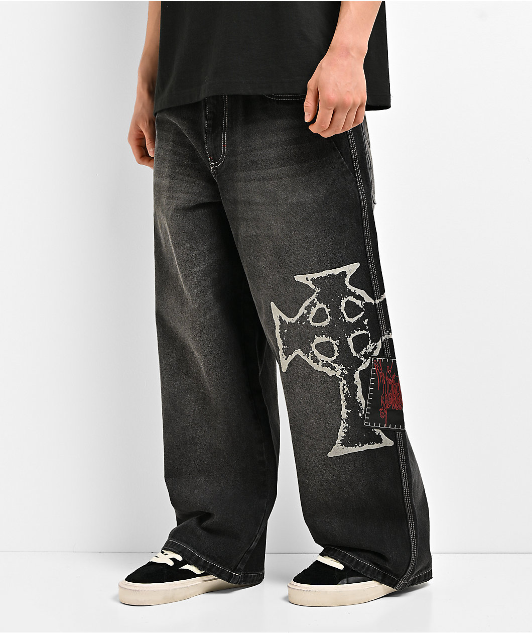 Vitriol Void Patched Black Wash Ultra Wide Leg Jeans