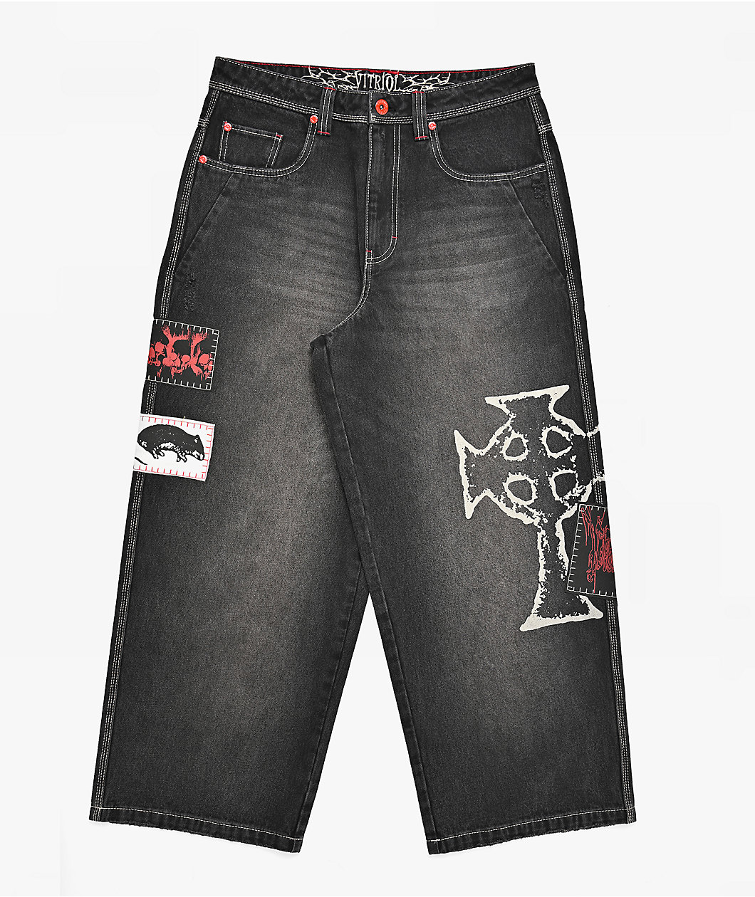 Vitriol Void Patched Black Wash Wide Leg Jeans