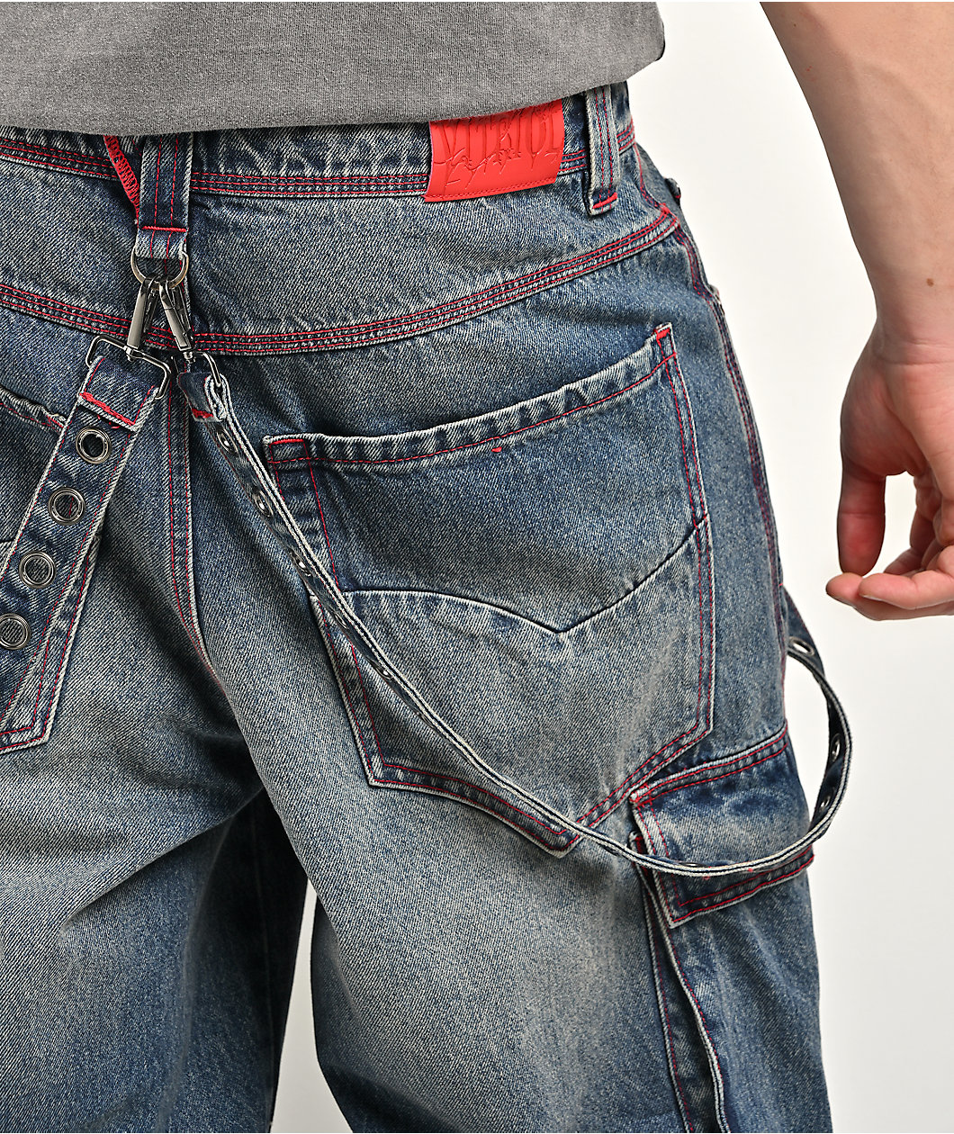 Vitriol Void Strappy Blue Wash Wide Leg Cargo Jeans