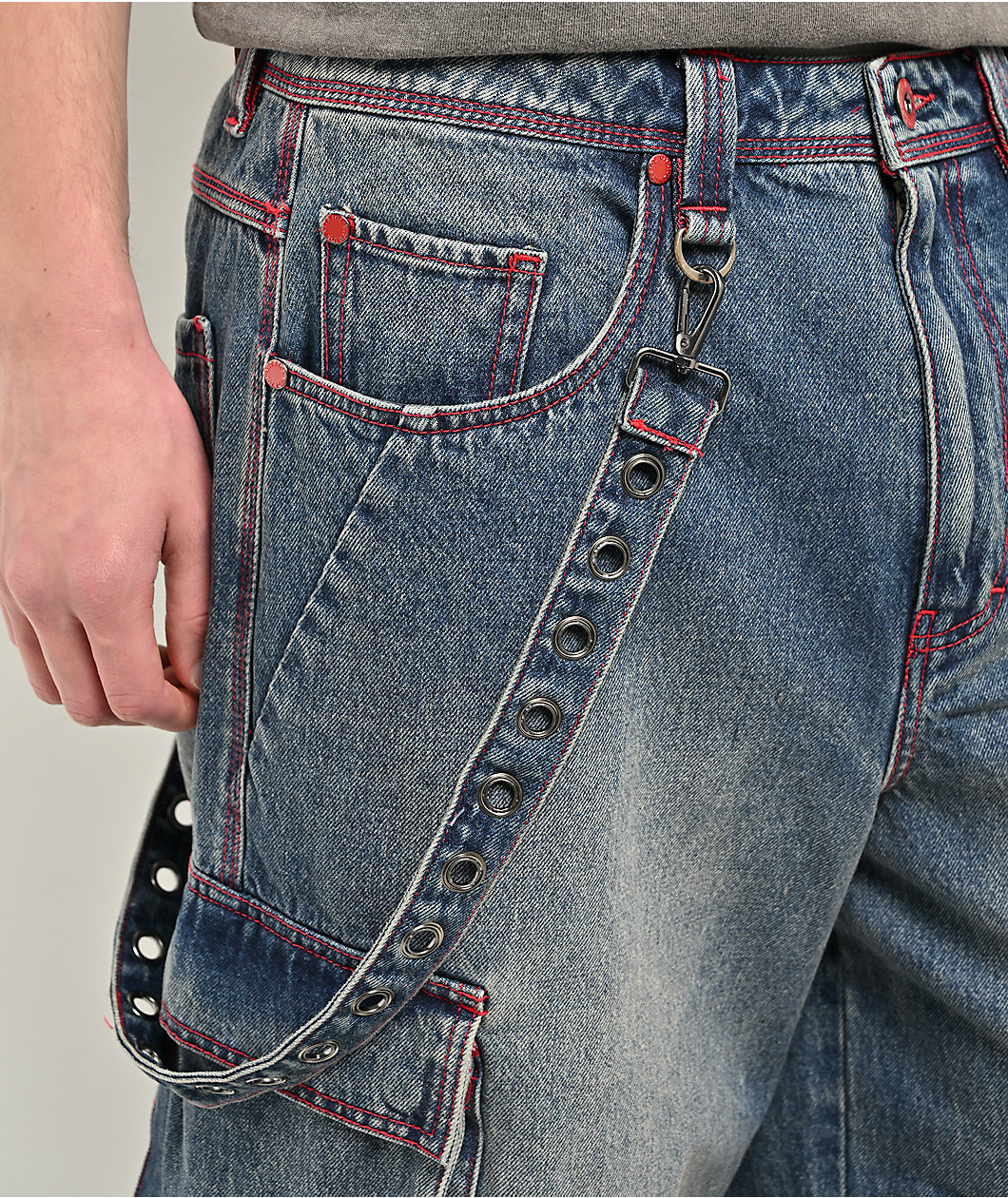 Vitriol Void Strappy Blue Wash Wide Leg Cargo Jeans