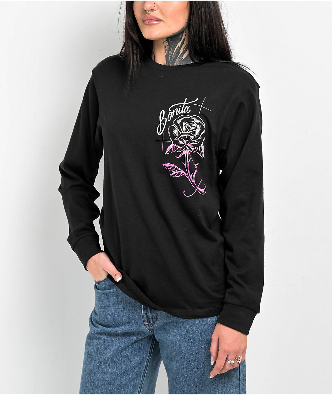 Viva La Bonita Rosa Black Long Sleeve T-Shirt