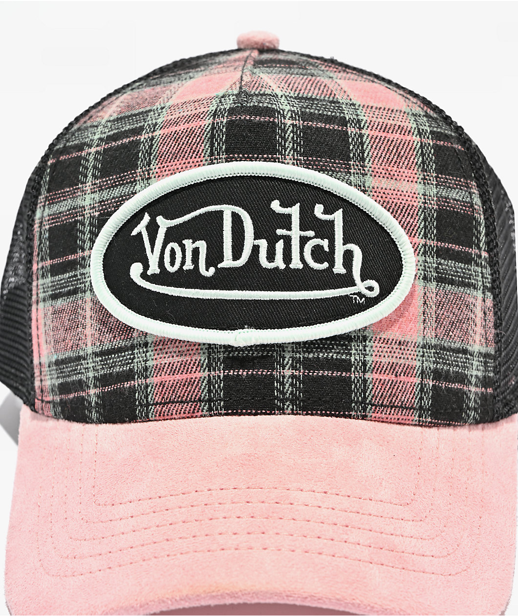 Von Dutch Anton Pink & Black Plaid Trucker Hat