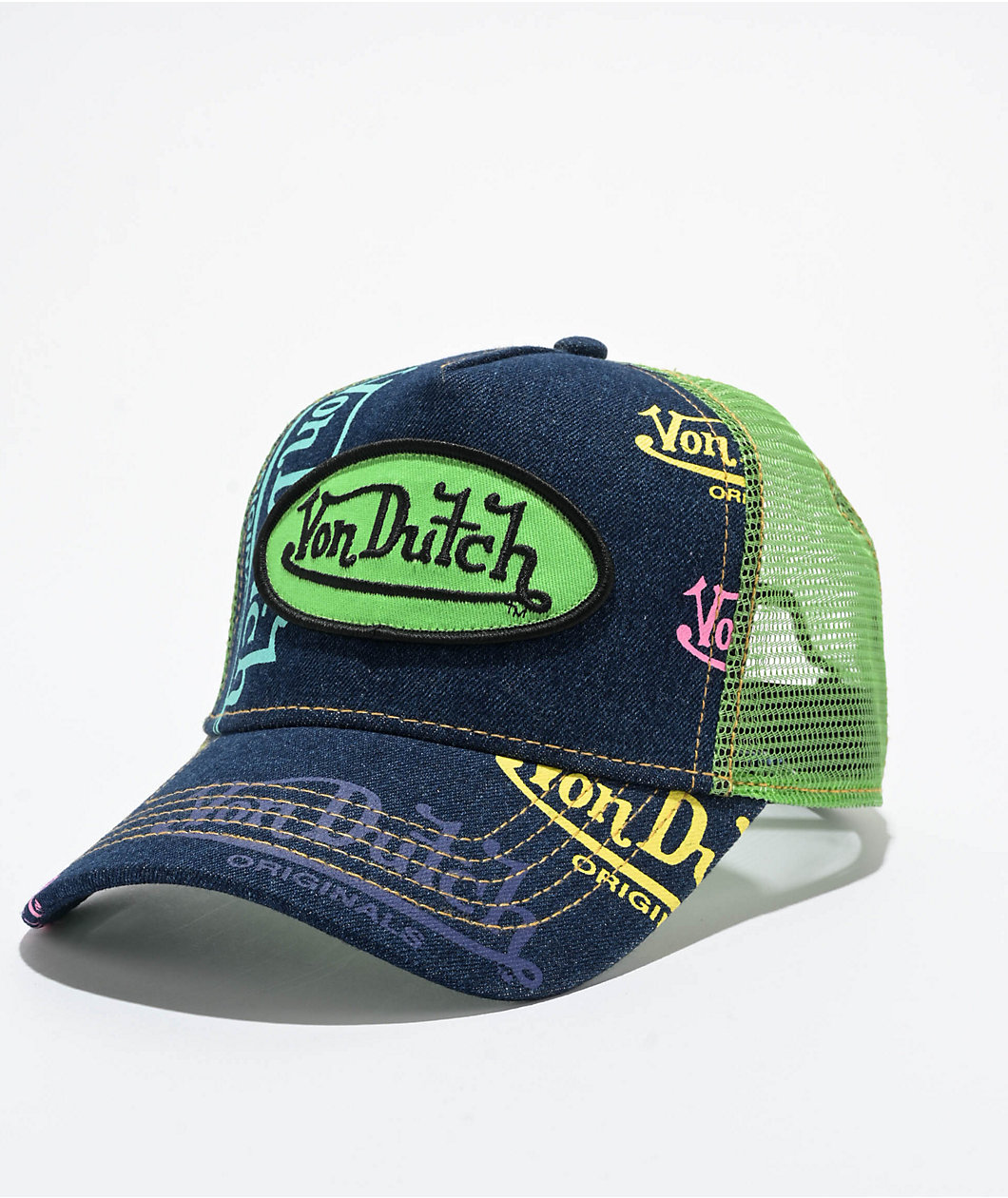 Von Dutch Apple Logo Navy Denim Trucker Hat