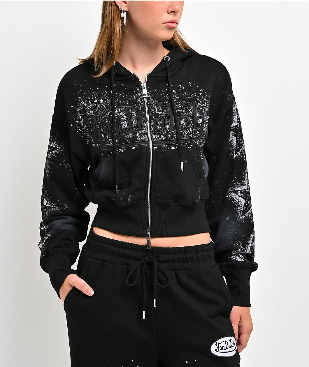 Von Dutch Black Wash Crop Zip Hoodie