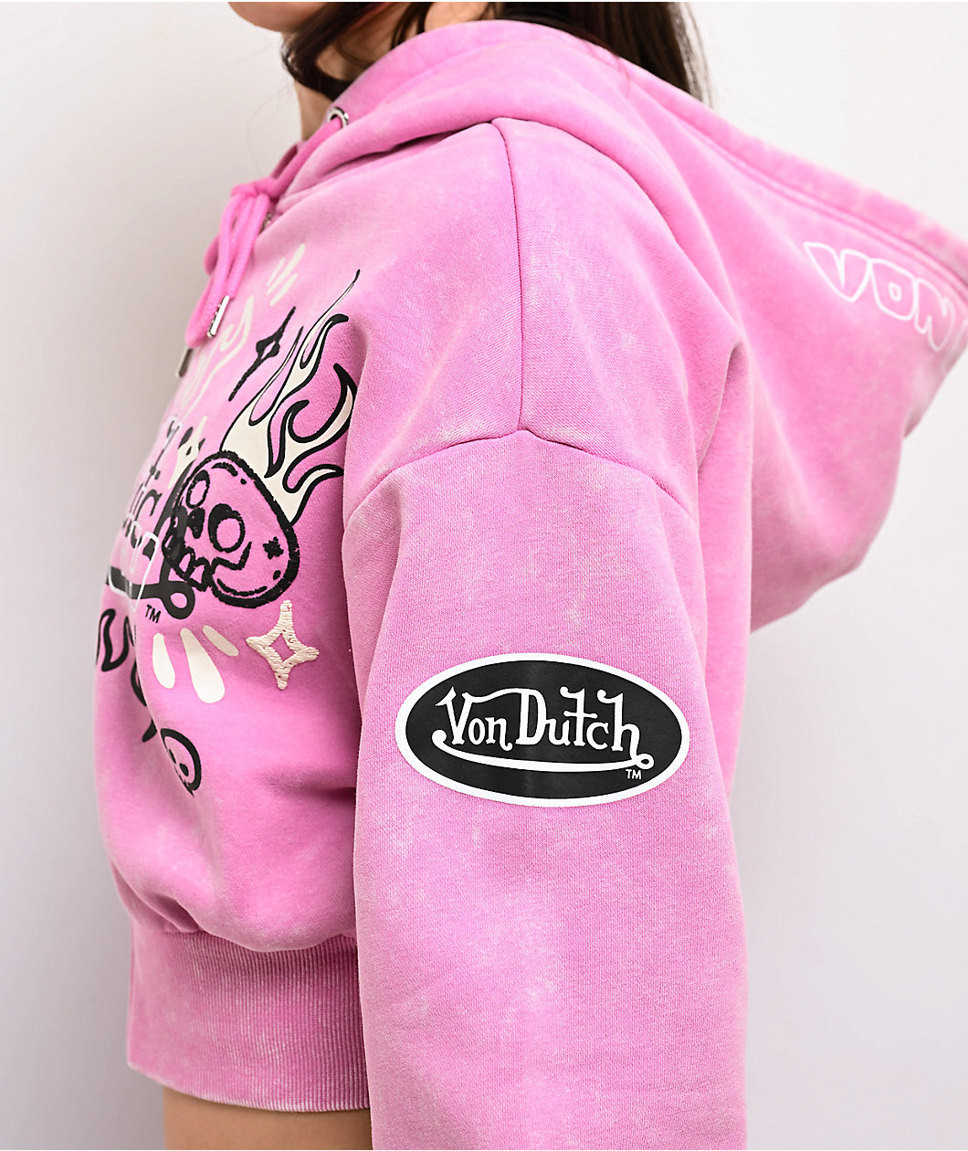 Von Dutch Cyclamen Pink Wash Crop Zip Hoodie