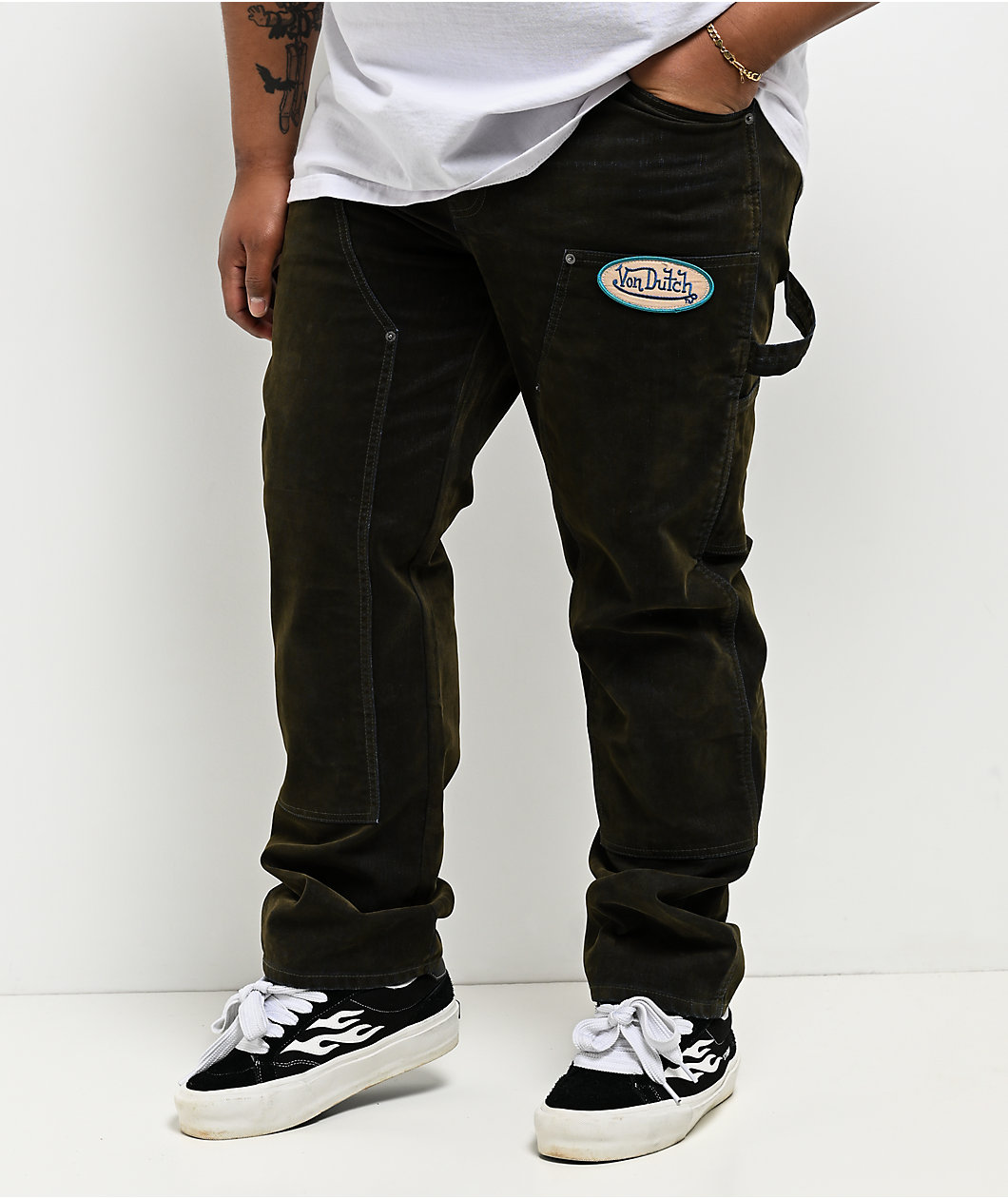Von Dutch Double Knee Olive Flocked Denim Pants