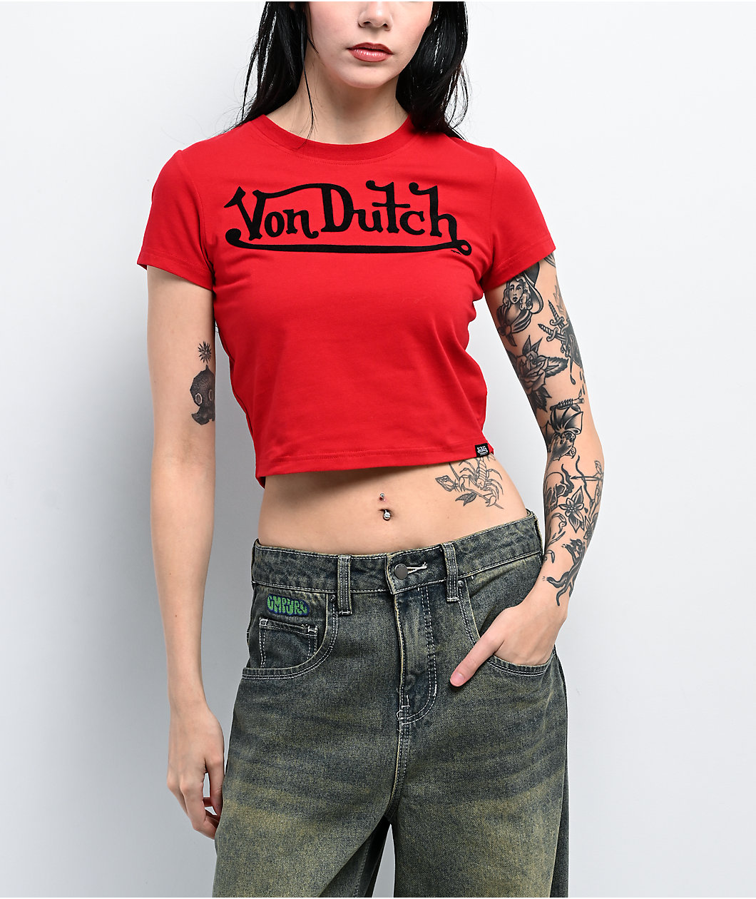 Von Dutch Flocked Logo Salsa Crop T-Shirt