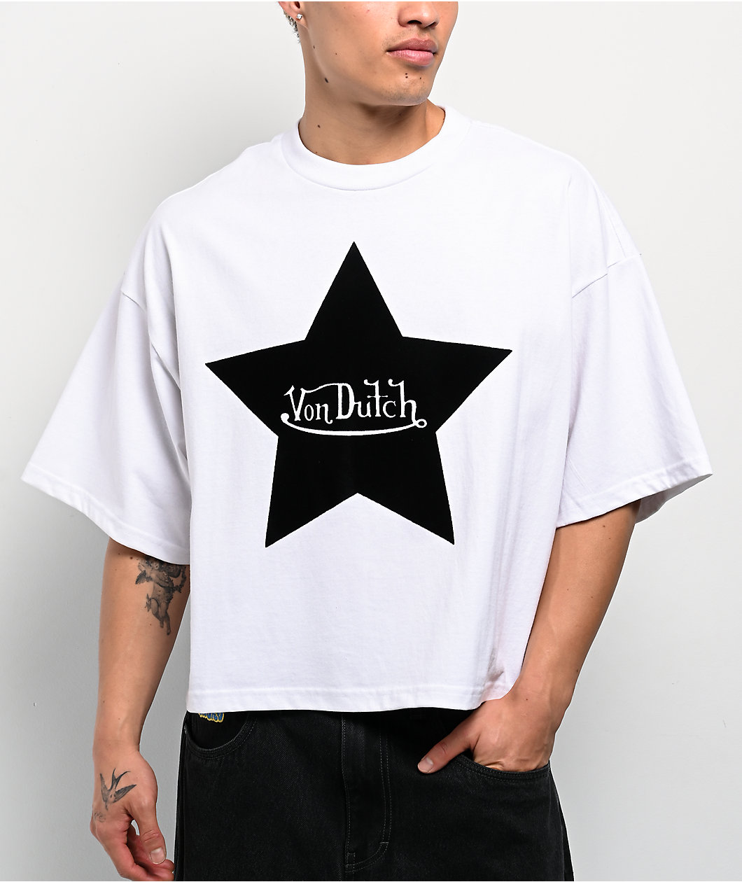 Von Dutch Flocked Star White Crop T-Shirt
