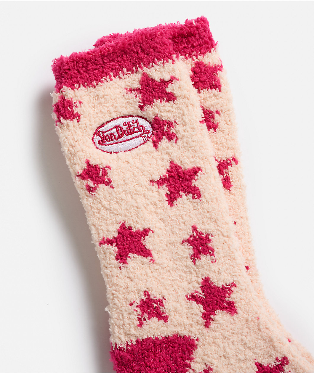 Von Dutch Fuzzy Stars Natural & Pink Crew Socks